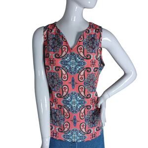 Verse Pink and Blue Paisley Print Blouse Size Medium Sleeveless Henley Neckline